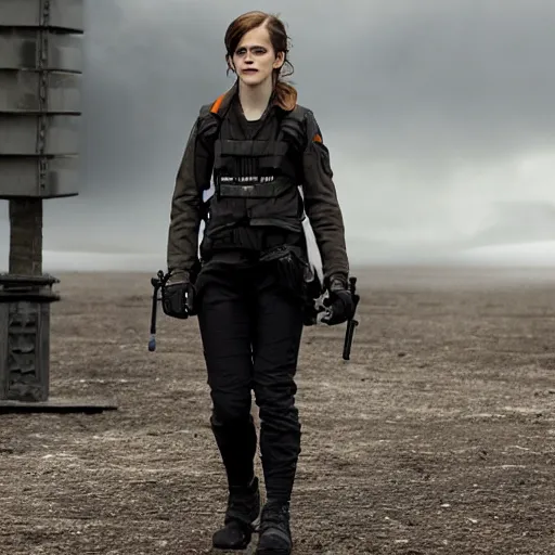 Image similar to Emma Watson wearing modern tech gear, directed by Denis Villeneuve, cinematic, 4k