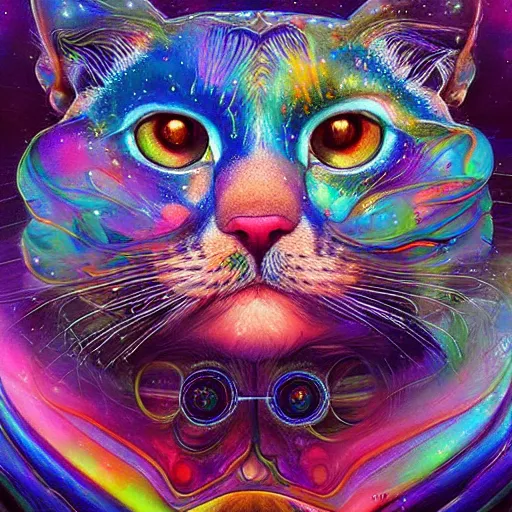 Image similar to a galaxy colored psychedelic chakra awakening kundalini ethereal portrait of a cat, eternal blessing, multiverse, by android jones, by ben ridgeway, visionary art, by artgerm, featured on artstation, cgsociety, by greg rutkowski