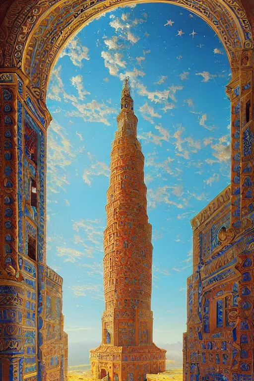 Image similar to glorious painted tower of the sun and stars by Sylvain Sarrailh and Ludwig Deutsch and Rudolf Ernst, dramatic cinematic lighting , beautiful colorful tilework, ornate architecture, smooth, sharp focus, extremely detailed