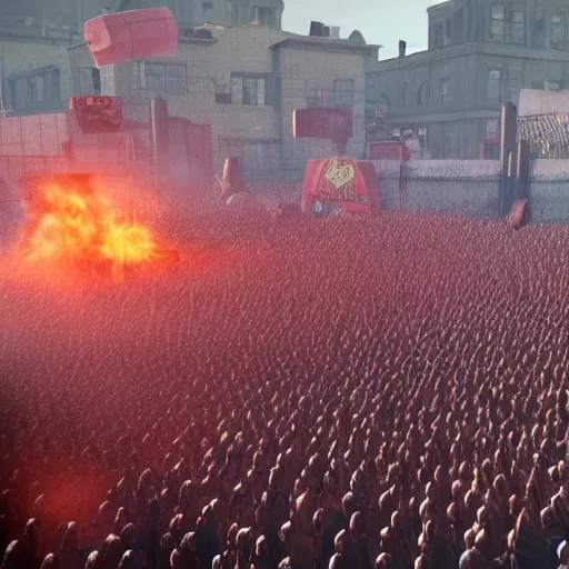 Image similar to the biggest mosh pit in the world, punks throwing Molotovs in the air, fighting, flame and fire, glowing upside cross, cinematic, epic, volumetric, godrays, dynamic lighting, dust flying up into the air, people shooting into the air with guns, octane render, photorealistic, unreal engine, artstation, artstation trending, artstation hq, artstation hd, Pinterest, 8k, ultra detailed, ultra realistic,