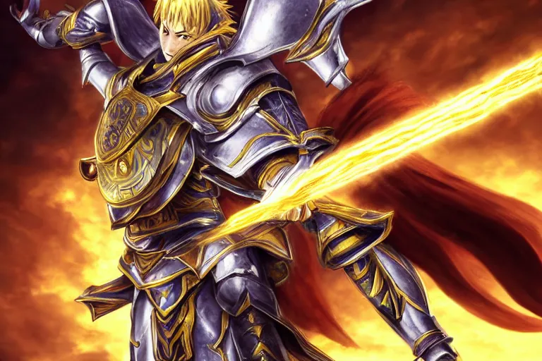 Image similar to an ultra detailed portrait of saladin as a paladin shonen anime protagonist charging into battle wearing bright gold armor and huge flaming longsword blessed by god, epic anime fantasy, 8 k, volumetric lighting, smooth, highly detailed, digital illustration, art by kentaro miura and akira toriyama and artgerm