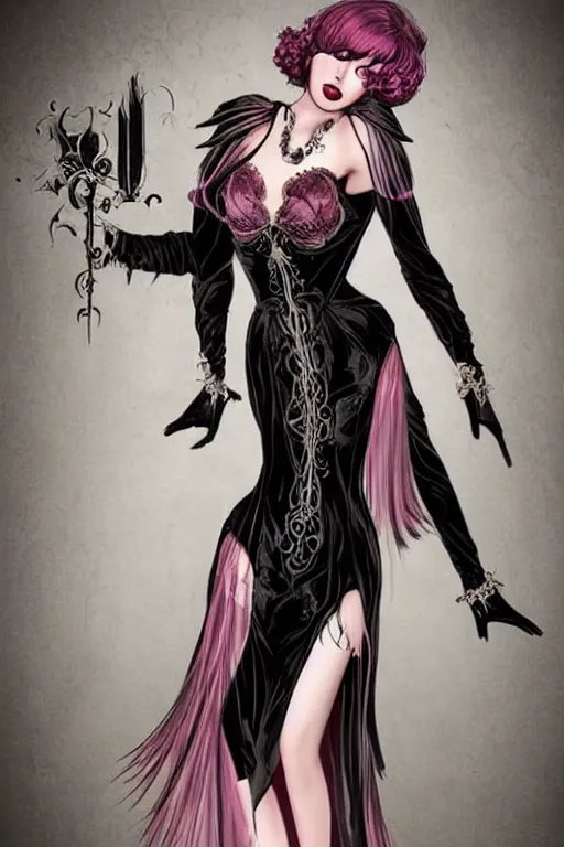 Image similar to pretty gothic sorceress wearing a tight dress with illustrious details, jewelry, ornated clothing, attractive, character concept