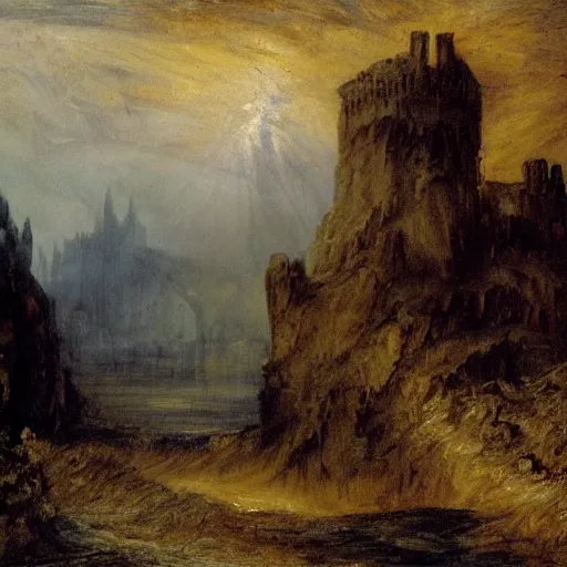 Image similar to a castle on rocks seen from afar, dead trees on both side of the image, dark themed, knife painting in the style of william turner