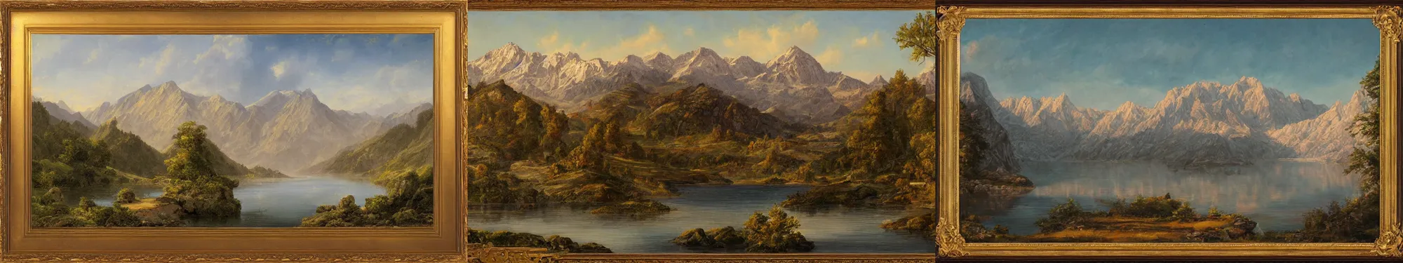 Prompt: lakeside mountains, gilded codex