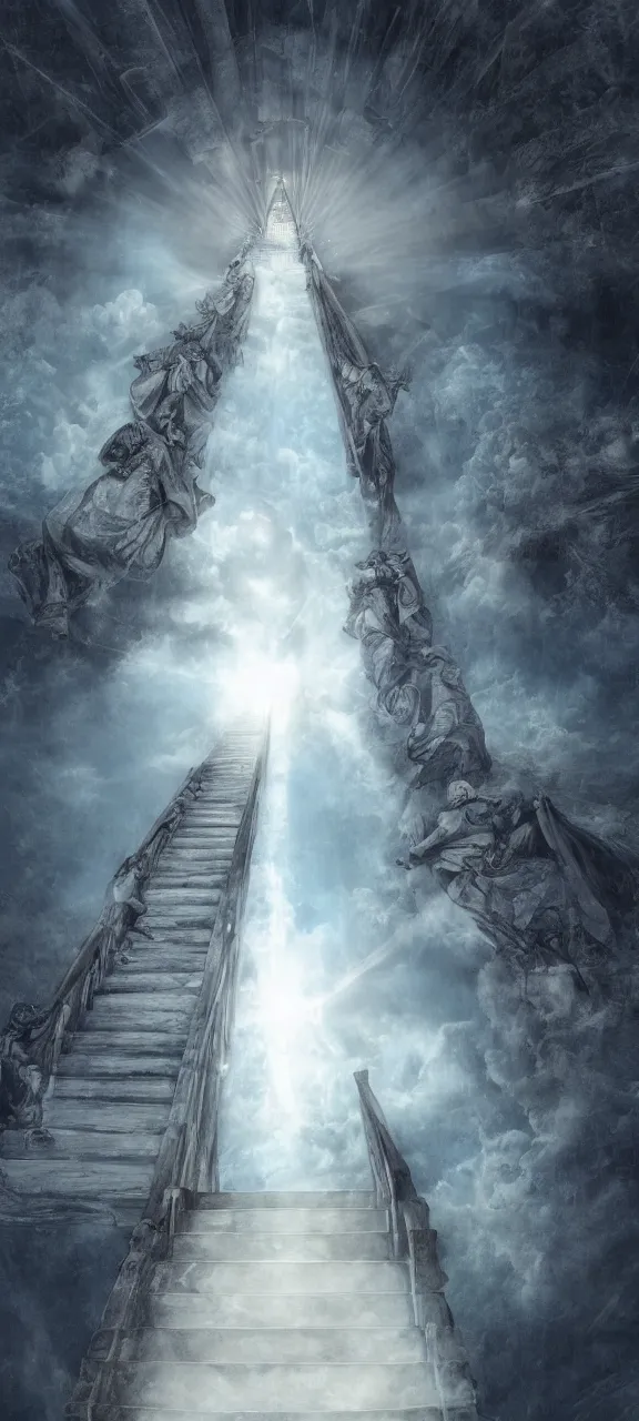 Image similar to stairway ladder to heaven many angels ascending atmospheric epic rays concept art