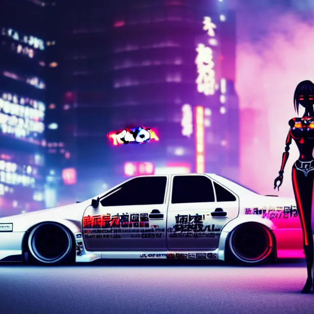 Image similar to toyota jzx 1 0 0 illegal drift car with cyberpunk robot geisha girl standing, detailed wheels, shibuya prefecture, cinematic lighting, fog mist smoke, photorealistic, night photography, octane render by tomino - sama