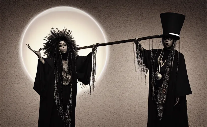 Image similar to “erykah badu as a voodoo queen wearing flowing black robes and a disco tophat holding a staff with a glowing crystal ball, by michalopoulos, by Laurie Lipton, Josip csoor, 8k resolution, realistic shadows, 3D, rendered in octane, volumetric lighting, hyper detailed, photorealistic, voodoo”