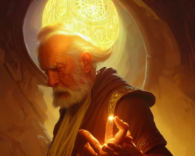 Prompt: old man creating a glowing orb, deep focus, d & d, fantasy, intricate, elegant, highly detailed, digital painting, artstation, concept art, matte, sharp focus, illustration, hearthstone, art by artgerm and greg rutkowski and alphonse mucha