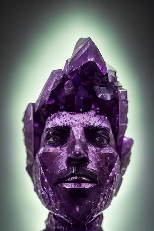 Image similar to A fancy portrait of a purple crystal statue by Greg Rutkowski, beeple, Sung Choi, Mitchell Mohrhauser, Maciej Kuciara, Johnson Ting, Maxim Verehin, Peter Konig, final fantasy, macro lens , 8k photorealistic, cinematic lighting, HD, high details, dramatic, dark atmosphere, trending on artstation