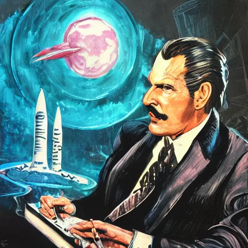 Image similar to vincent price as billionaire howard hughes in sci fi robes and high collar, vivid, rocket factory in the background, mike mignogna, illustration, dynamic and dramatic, highly detailed, rough paper, dark, oil painting