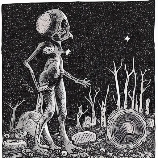 Image similar to rich details by allison bechdel. a beautiful land art of a small figure standing in the center of a dark, foreboding landscape. the figure is surrounded by strange, monstrous creatures, & there is a feeling of unease & dread.
