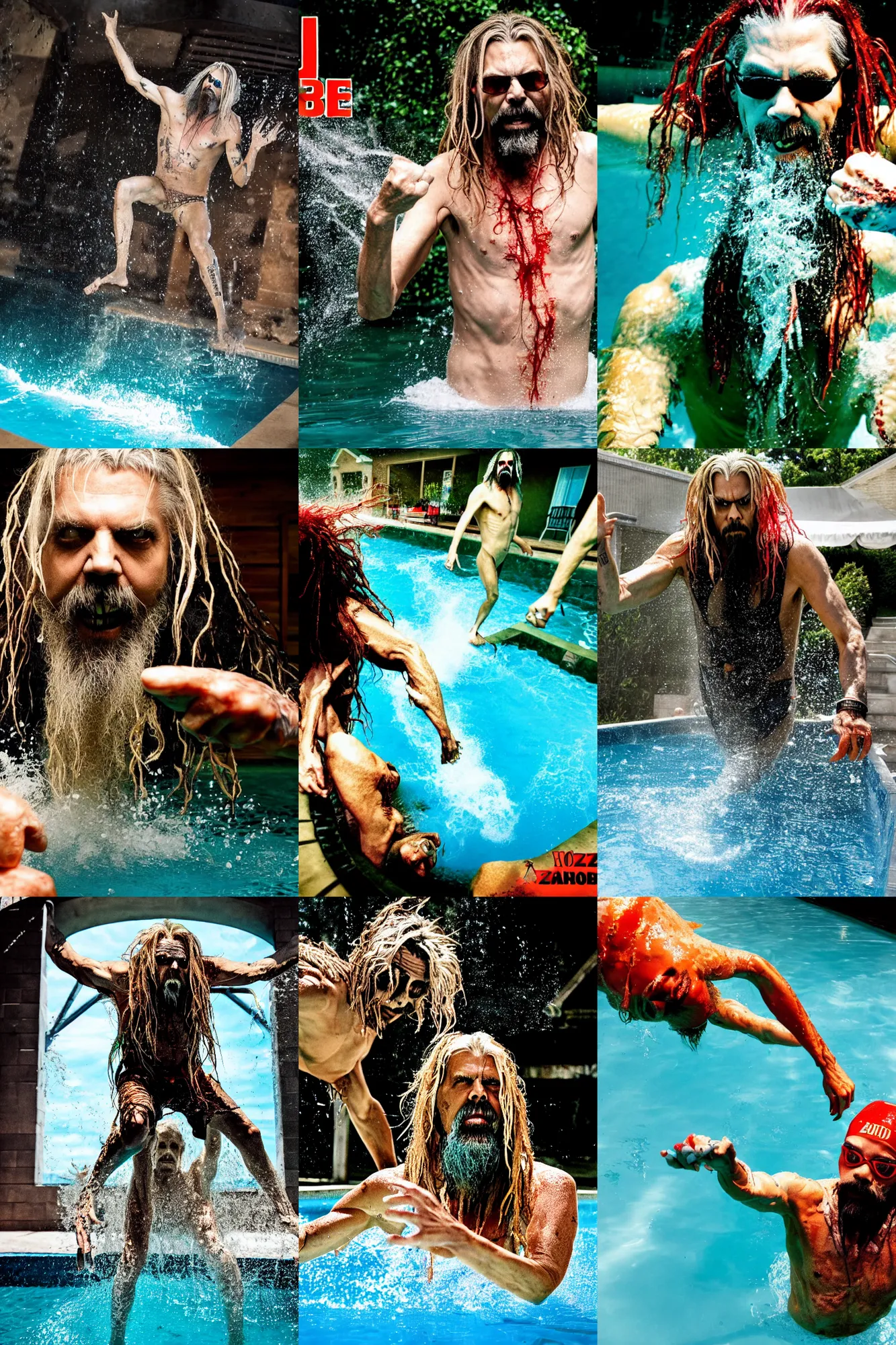 Prompt: rob zombie jumping into a swimming pool, 4 k, high quality