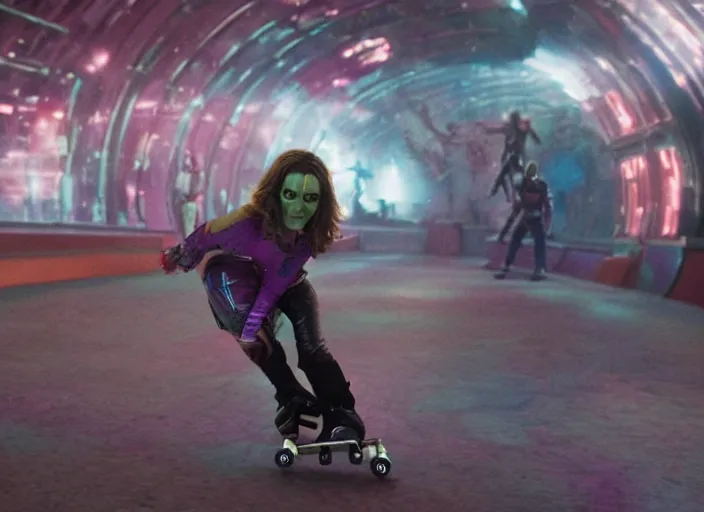 Image similar to film still of Rocket Racoon roller skating at a roller rink in the new Guardians of the Galaxy movie, 4k