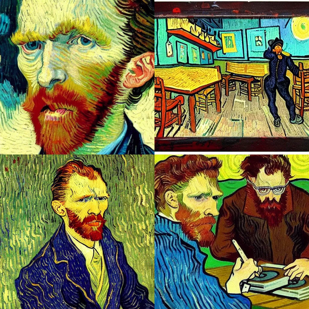 Prompt: hipster vincent van gogh upset at the price of records at the record store, arguing with clerk, oil painting by vincent van gogh