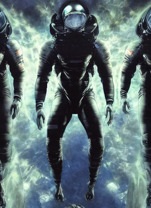 Image similar to astronauts in dark void underwater - complex and hyperdetailed technical suit. reflection and dispersion materials. rays and dispersion of light. volumetric light. f / 3 2. noise film photo. flash photography. ultra realistic, wide angle. poster by wayne barlowe, hajime sorayama aaron horkey, craig mullins