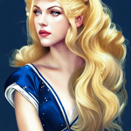 Prompt: A combination of Katheryn Winnick's and Grace Kelly's and Katherine McNamara's faces with blonde hair as Sailor Moon, western, D&D, fantasy, intricate, elegant, highly detailed, digital painting, artstation, concept art, matte, sharp focus, illustration, art by Artgerm and Greg Rutkowski and Alphonse Mucha