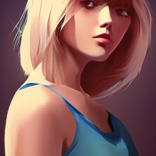 Prompt: gorgeous woman wearing a tanktop, with light blonde shoulder-length hair, in the style of Ilya Kuvshinov and mark arian