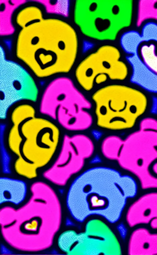 Image similar to care bears at woodshock blacklight style