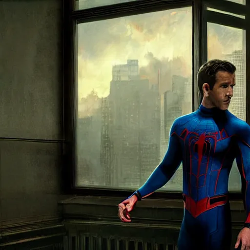 Image similar to ryan reynolds as spider - man, wearing a black and blue suit, cinematic, volumetric lighting, f 8 aperture, cinematic eastman 5 3 8 4 film, photorealistic by greg rutkowski, by stanley artgerm, by alphonse mucha