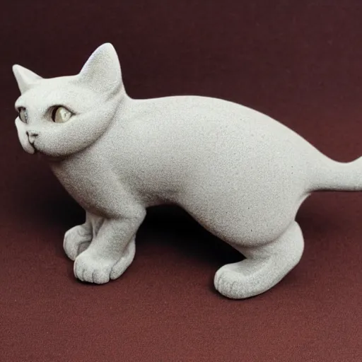 Image similar to medium - shot realistic light grey clay cat, full body, walking, rough, handmade, fingerprints on clay, masterpiece, by adam beane