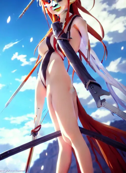 Image similar to very beautifu photo of asuna from sao, asuna by a - 1 pictures, by greg rutkowski, gil elvgren, enoch bolles, glossy skin, pearlescent, anime, maxim magazine, very coherent, mega detailed