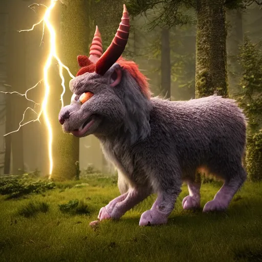 Prompt: ultrarealistic creature fluffy animal with horns and short legs and arms and red eyes, forest scene, octane render, highly detailed, cinematic lightning