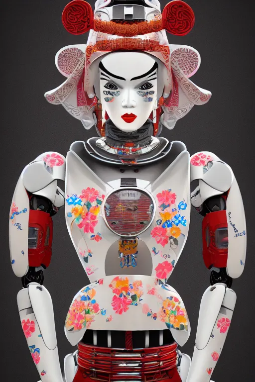 Image similar to full body portrait of a Japanese robot geisha with kanji tattoos and decals wearing a digital pixelated kimono, intricate design, photorealistic, arnold render, raytraced, ultra fine detailed, character design, trending on artstation