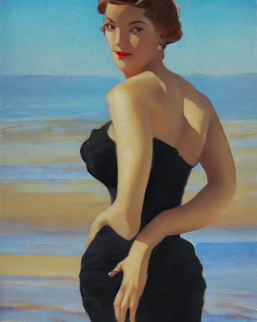 Prompt: woman on the beach in black dress, full body, leyendecker style, camera glare in oil style,