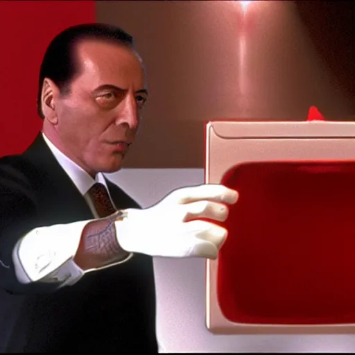 Image similar to Silvio Berlusconi in Pulp Fiction opening a red square featureless metallic box