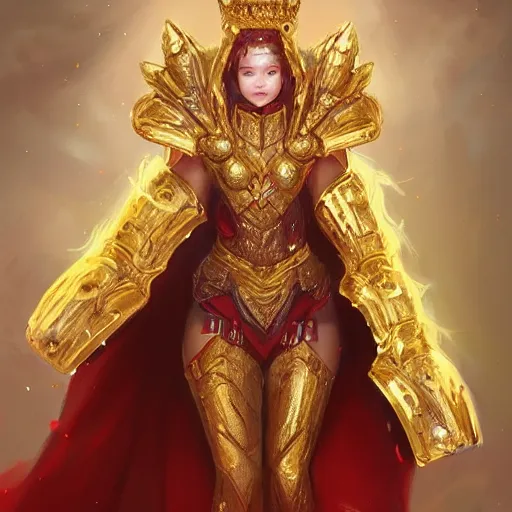 Prompt: a portrait of a beutifull women , golden armor with diamonds , bright red cape on her back , red puppils , queen crown on top of her head , fantasy , artstation , by wlop , ross tran, peter xiao , dao lee