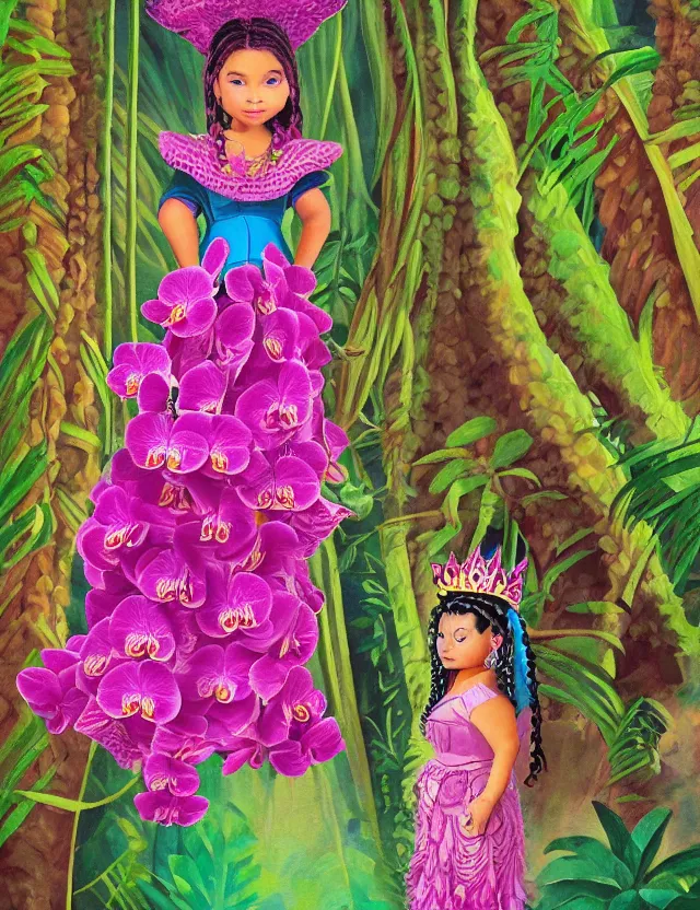 Prompt: plump aztec scifi princess of the orchid rainforest, wearing a lovely dress. this oil painting by the beloved children's book author has an interesting color scheme and impeccable lighting.