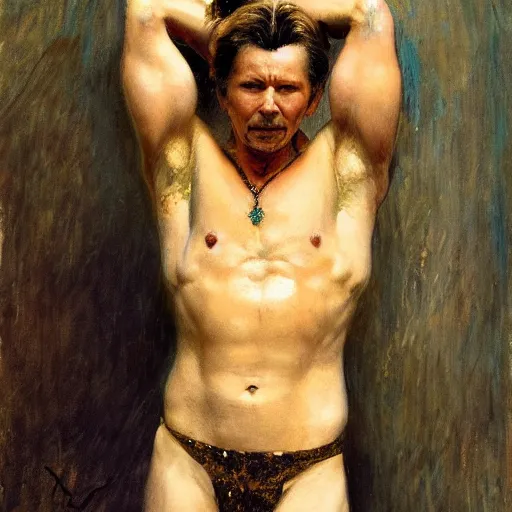 Prompt: Gary Oldman with an shredded, toned, inverted triangle body type, painting by Gaston Bussiere, Craig Mullins, XF IQ4, 150MP, 50mm, F1.4, ISO 200, 1/160s, natural light