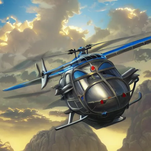 Image similar to highly detailed matte painting of smurfs piloting a helicopter, by Artgerm,Greg Rutkowski,Alphonse Mucha, 4k resolution ((cloudy background))