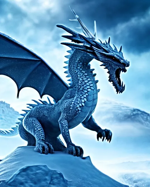 Prompt: giant ice dragon standing on a snowcapped mountain, highly detailed, 4 k, hdr, award - winning, directed by zack snyder