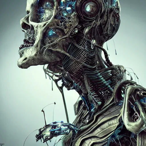 Prompt: machine elfs, abstract, decay, giger textures, ghostly figure, morphing skulls, bone and teeth with cosmic circuitry and futuristic technology rearranging body form, abstract, voodoo, ultra realistic, hyper realism, 1 2 k, epic, octane render, unreal engine, vfx, maya, alex grey