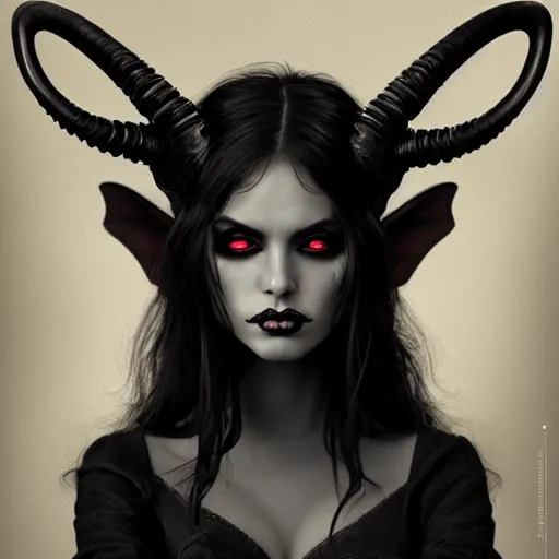 Prompt: cool and bored looking succubus, portrait of a lady demon all dressed in black, beautiful face and eyes, ram horns on her head, highly detailed, cel shaded, cinematic shot, trending on artstation, blurry background, high quality, detailed and chaotic background, brush strokes all over, by tom bagshaw and jama jurabaev