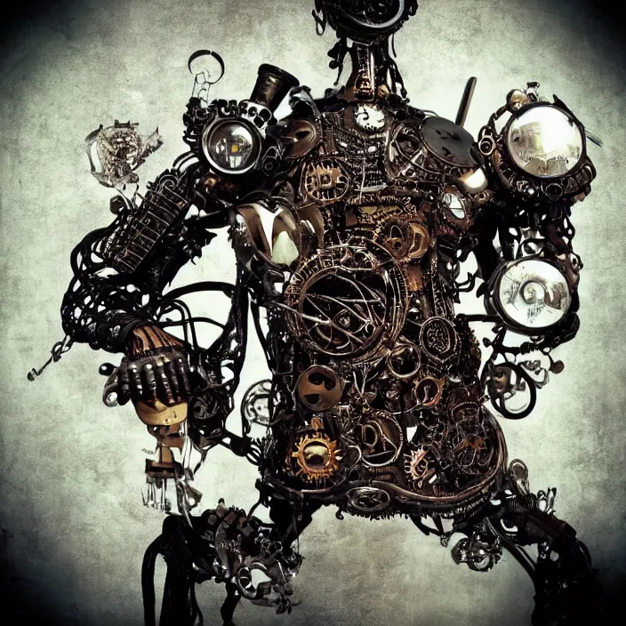 Prompt: “Steampunk Cyborg Rock Singer with eight hands, holding guitar, keyboard, drums. Highly detailed, smooth, cinematic lighting. Fisheye lens. Old torn photograph. ”