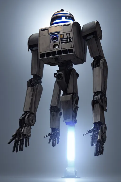 Image similar to “ enforcement droid, series 2 0 9, or ed - 2 0 9 in war thunder game. front on, symmetrical. industrial design. good design award, innovative product concepts, most respected design, amazing depth, glowing, 3 d octane cycle unreal engine 5, volumetric lighting, cinematic lighting, cgstation artstation concept art ”