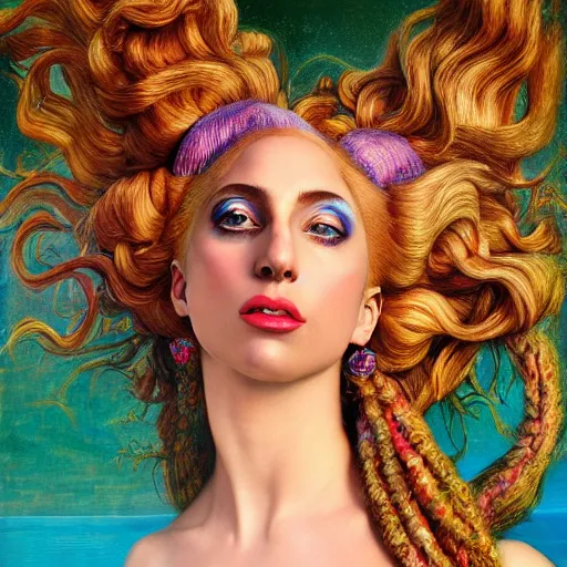 Image similar to photo realistic, hyper realism, lady gaga artpop act ii album, intricate detail, hyper detail, gaston bussiere, sandro botticelli style, with neon aqua rapunzel dreadlocks, detailed, masterpiece, sharp focus,