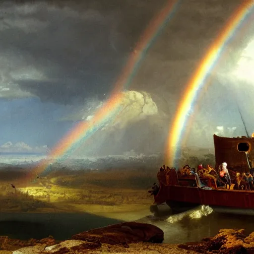 Prompt: a detailed matte painting of noah's ark during the flood, subsiding floodwaters, ultrawide lens, aerial photography, double rainbow in a clear blue sky, mount ararat very far away in the background, art by albert bierstadt and rembrant, heavenly, god rays, intricate details, 8 k, cel shaded, featured on artstation, pixiv