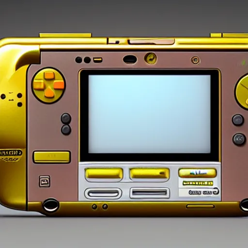 Prompt: a hyper, coherent photoshoot of a golden nintendo 3 ds system