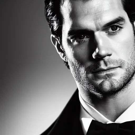 Image similar to a studio portrait of henry cavill as the next james bond, black and white, 5 0 mm 1. 2 lens, low key lighting