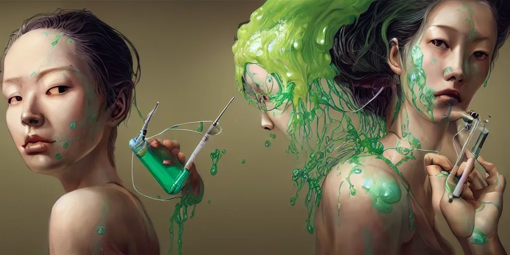 Prompt: hyperrealistic photography of a gorgeous female doctor holding a syringe containing green liquid in the style of jin kagetsu, james jean, chris cunninham, hans bellmer and wlop, highly detailed, face symmetry, masterpiece, award - winning, sharp focus, intricate concept art, ambient lighting, 8 k, artstation