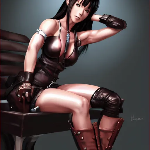 Prompt: 8K photorealistic Portrait of Tifa Lockhart sitting on a chair, intricate upper body, whole body, highly detailed, digital painting, artstation, concept art, smooth, sharp focus, illustration, art by Hajime Sorayama