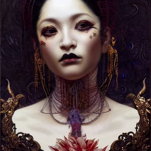 Prompt: highly detailed oil painting, very intricate, cinematic lighting, award - winning, portrait of the asian goddess of goth dressed by alexander mcqueen, by roberto ferri, by tom bagshaw, by j. c. leyendecker and klimt, american romanticism, by austin osman spare, artstation, cgsociety, official art, octane