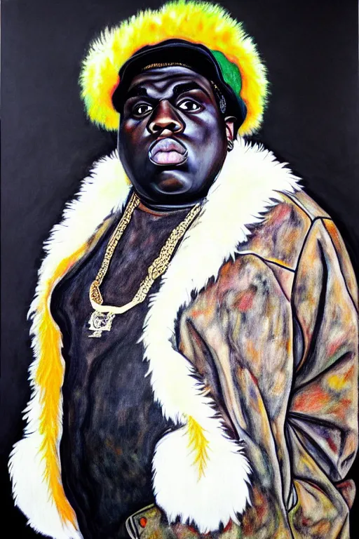 Image similar to full body!! a portrait of biggie smalls aka notorious b. i. g. wearing boho - chic style clothes, with a fur muffler and feathers, realistic painting in egon schiele style, masterpiece, hyperdetailed, complex, intricate, 4 k, hyperrealistic, trending on artstation