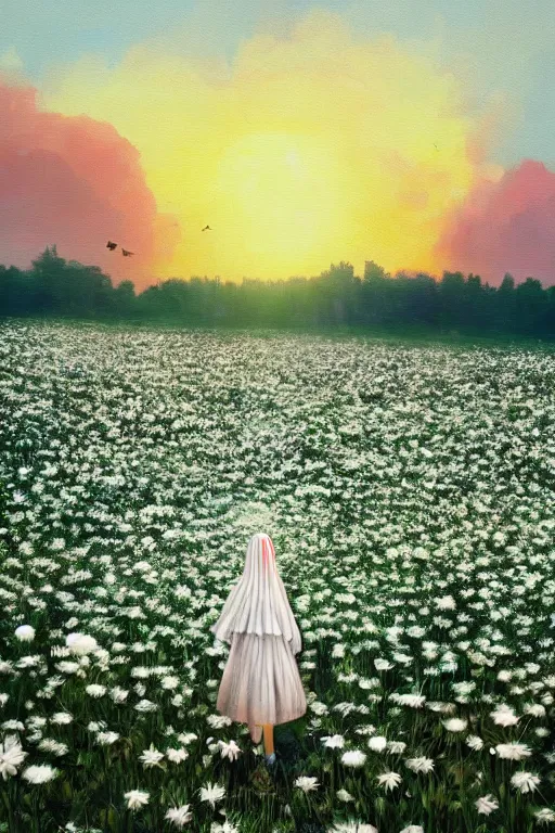 Image similar to giant white daisy flowers as head veil, girl walking in a flower field, surreal photography, sunrise, dramatic light, impressionist painting, colorful clouds, digital painting, artstation, simon stalenhag