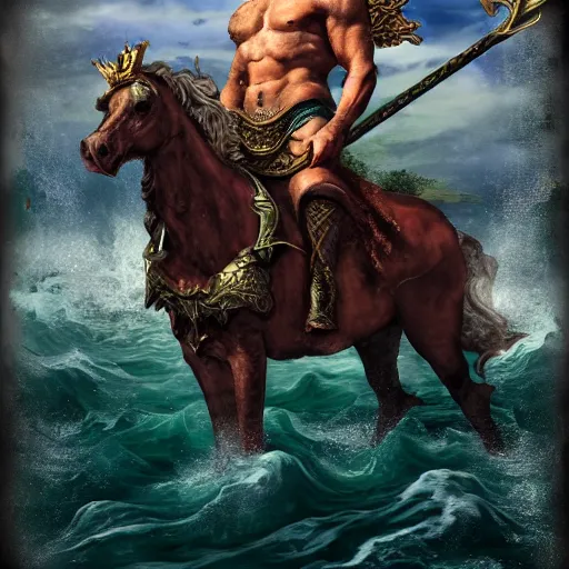 Image similar to Poseidon, the god of the sea, with trident and crown, riding a mixture of a horse and a fish, matte painting, photorealistic, dark colors