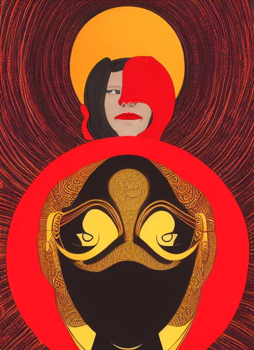 Prompt: portrait of a woman with a mask on his face in the form of a spiral in a golden kimono, full face, against the background of a bright red moon, sad motif, by hisashi eguchi, kentaro miura, and yoshitaka amano, soft colors, futuristic, 8 k