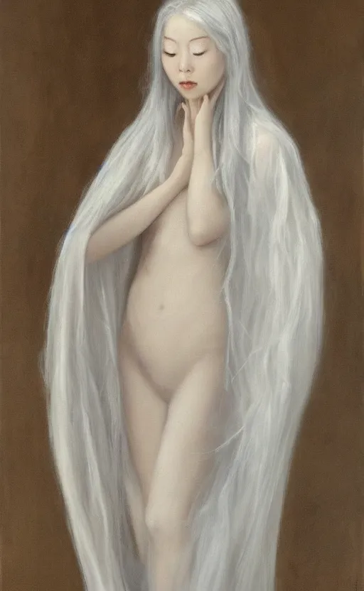 Image similar to angel with silver hair so pale and wan! and thin!?, flowing robes, covered in robes, lone pale asian goddess, wearing robes of silver, flowing, pale skin, young cute face, covered!!, clothed!! lucien levy - dhurmer, jean deville, oil on canvas, 4 k resolution, aesthetic!, mystery